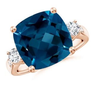 12mm AAAA Cushion London Blue Topaz Solitaire Ring with Diamonds in Rose Gold