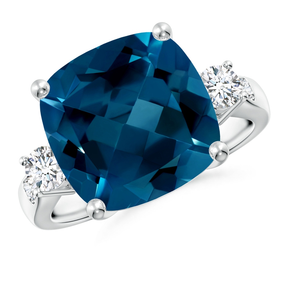 12mm AAAA Cushion London Blue Topaz Solitaire Ring with Diamonds in White Gold 