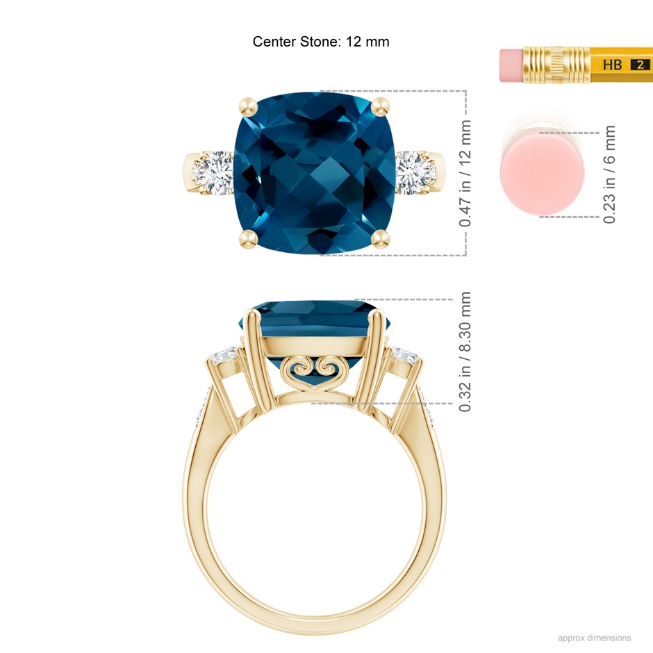 12mm AAAA Cushion London Blue Topaz Solitaire Ring with Diamonds in Yellow Gold ruler