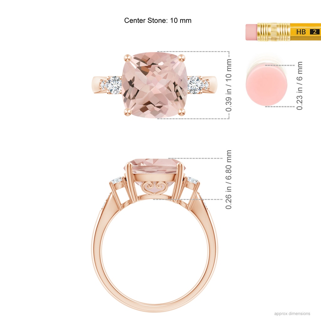 10mm AA Cushion Morganite Solitaire Ring with Diamond Accents in Rose Gold Ruler