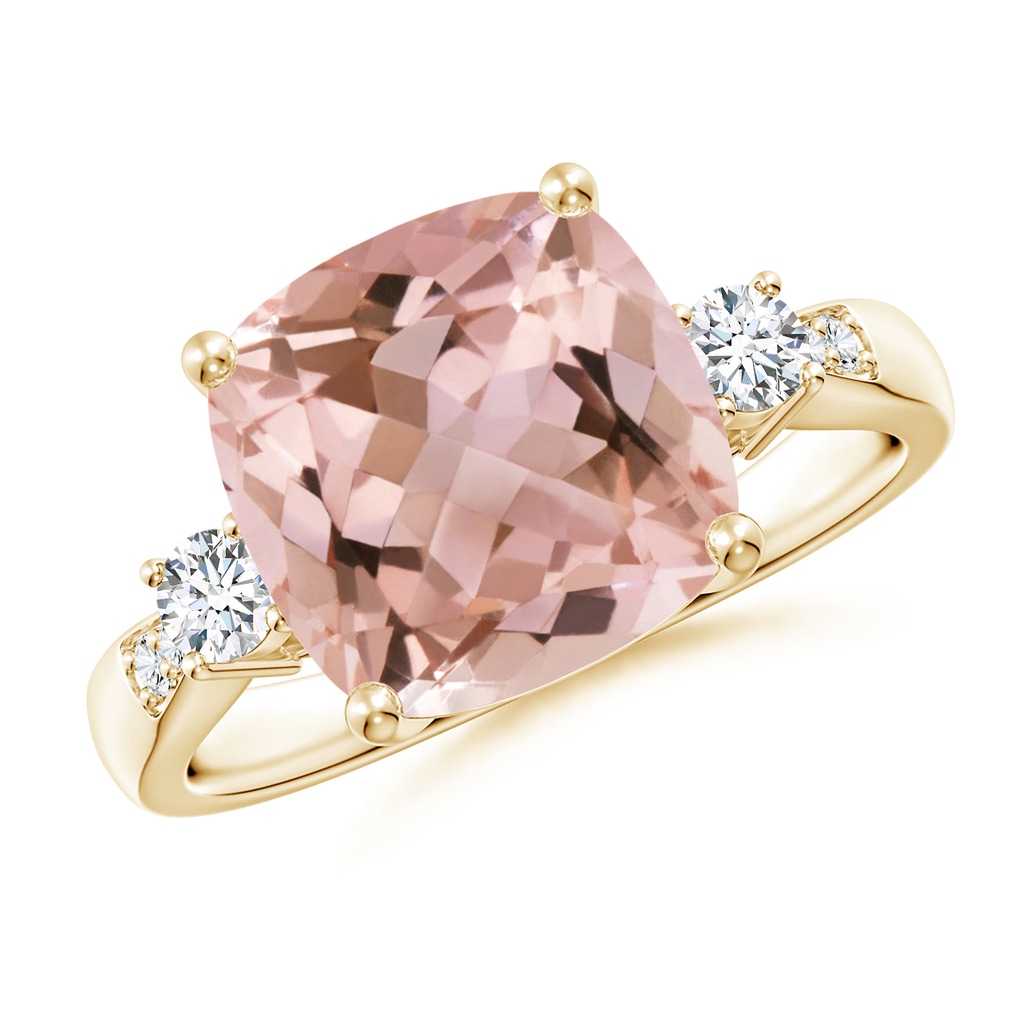 10mm AAAA Cushion Morganite Solitaire Ring with Diamond Accents in Yellow Gold