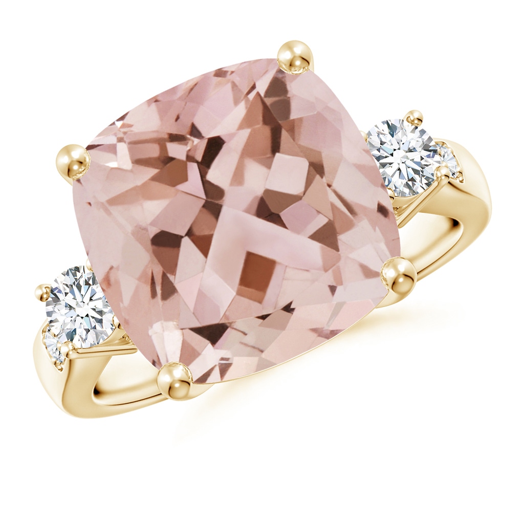 12mm AAA Cushion Morganite Solitaire Ring with Diamond Accents in Yellow Gold