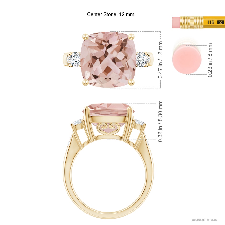 12mm AAA Cushion Morganite Solitaire Ring with Diamond Accents in Yellow Gold ruler