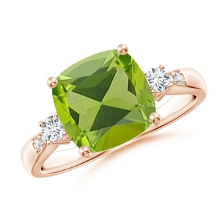9mm AAA Cushion Peridot Solitaire Ring with Diamond Accents in 9K Rose Gold