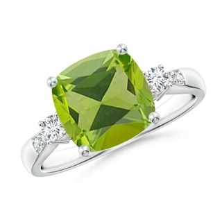 9mm AAA Cushion Peridot Solitaire Ring with Diamond Accents in 9K White Gold