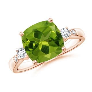 9mm AAAA Cushion Peridot Solitaire Ring with Diamond Accents in 9K Rose Gold