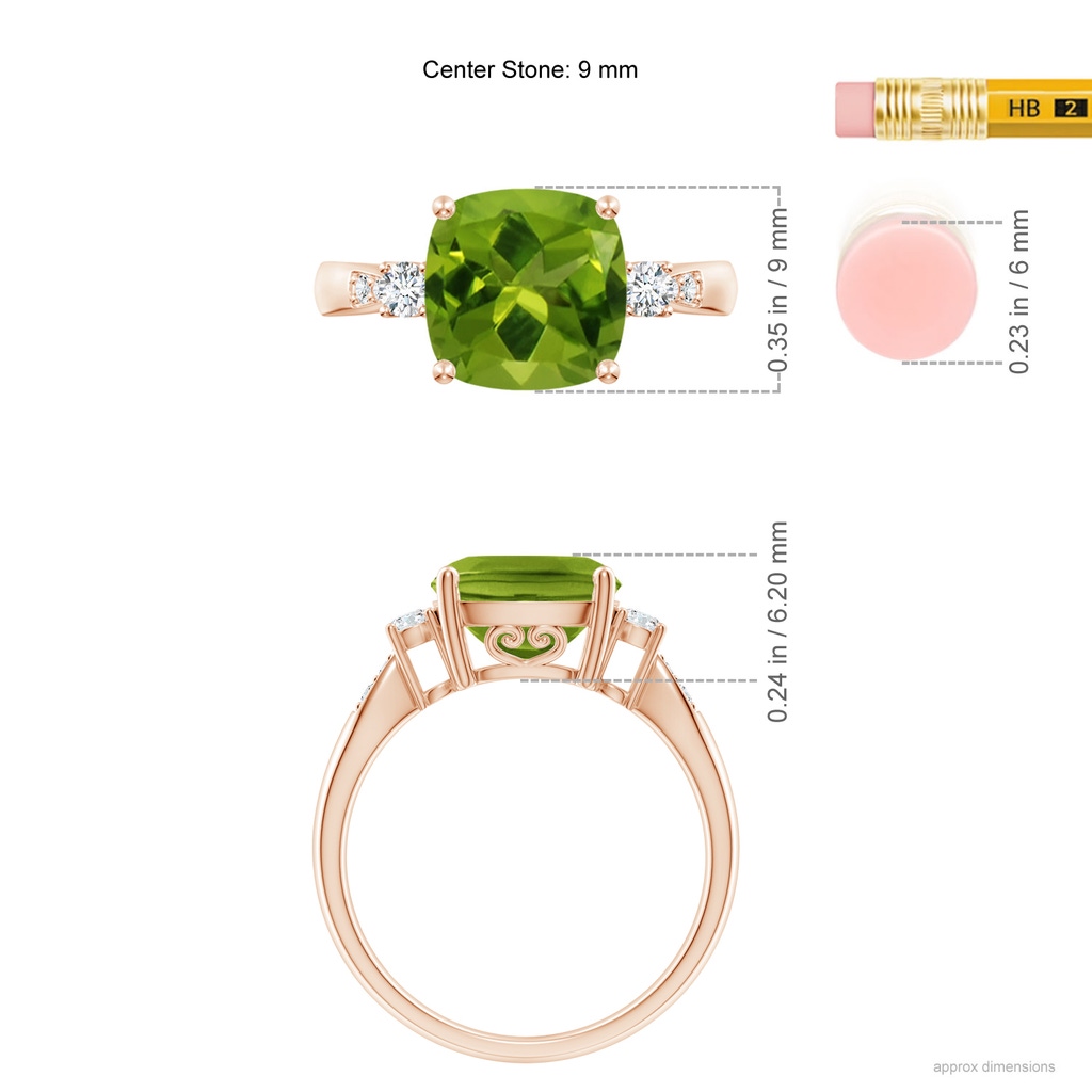 9mm AAAA Cushion Peridot Solitaire Ring with Diamond Accents in Rose Gold Ruler