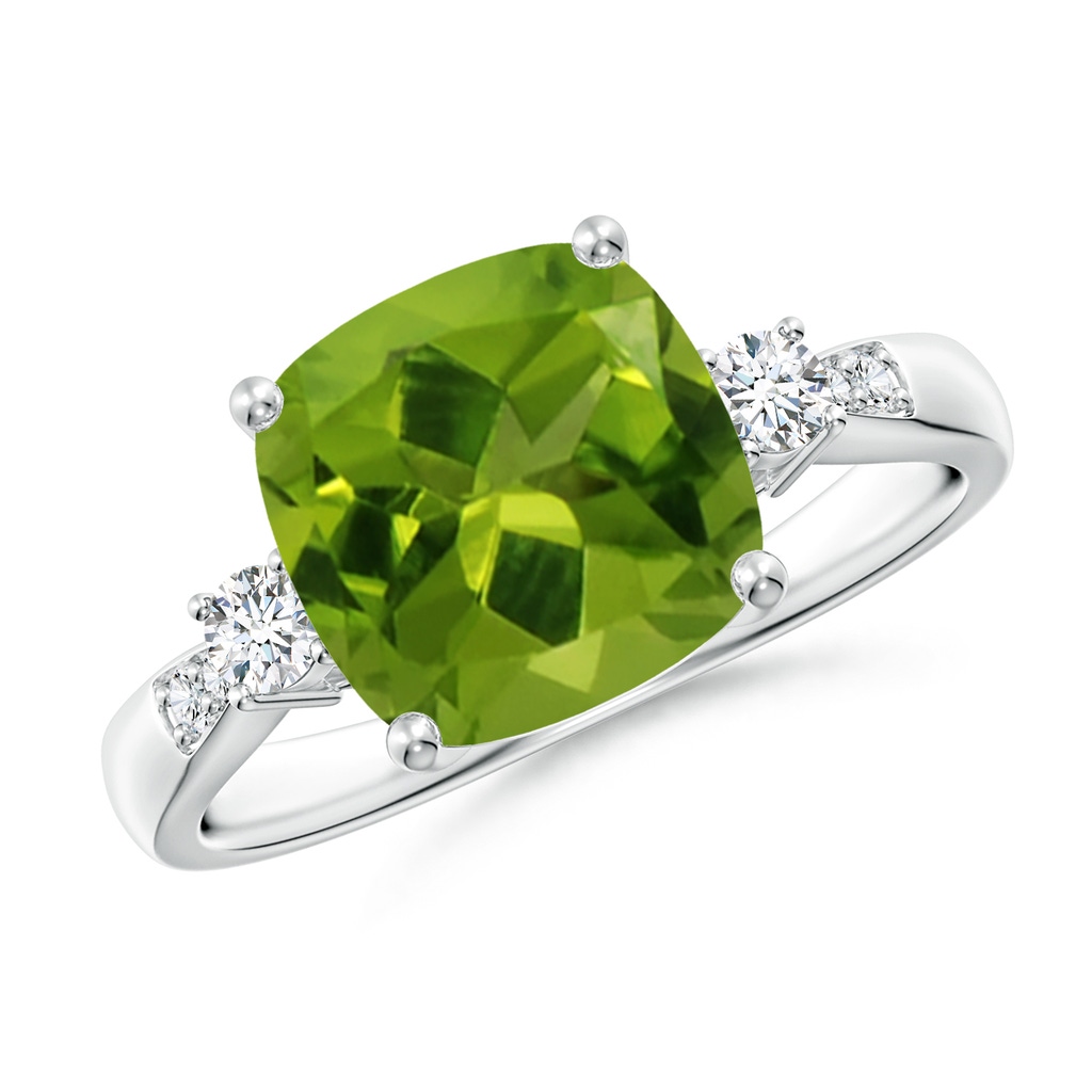 9mm AAAA Cushion Peridot Solitaire Ring with Diamond Accents in White Gold