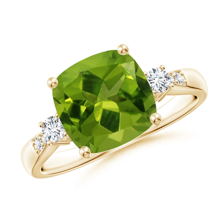 9mm AAAA Cushion Peridot Solitaire Ring with Diamond Accents in Yellow Gold 