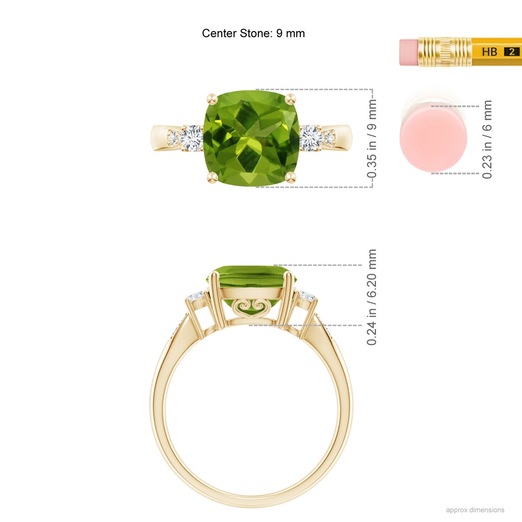9mm AAAA Cushion Peridot Solitaire Ring with Diamond Accents in Yellow Gold Ruler