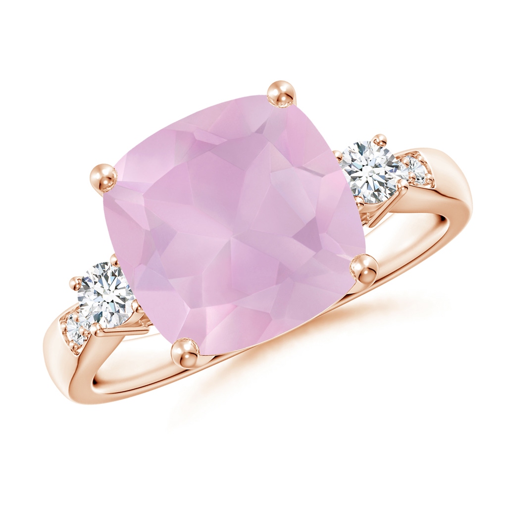 10mm AAAA Cushion Rose Quartz Solitaire Ring with Diamond Accents in Rose Gold