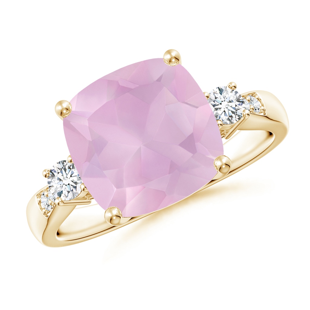 10mm AAAA Cushion Rose Quartz Solitaire Ring with Diamond Accents in Yellow Gold