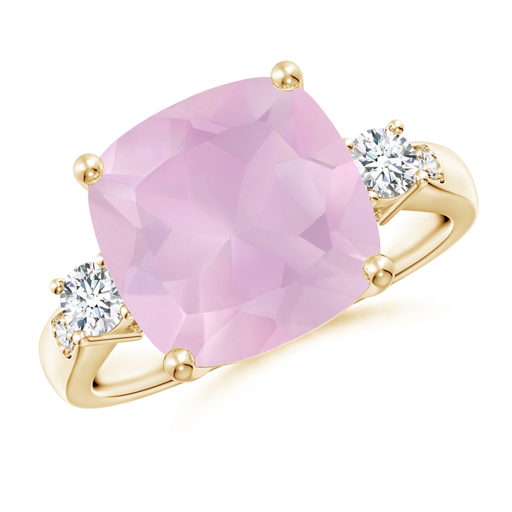 11mm AAA Cushion Rose Quartz Solitaire Ring with Diamond Accents in Yellow Gold