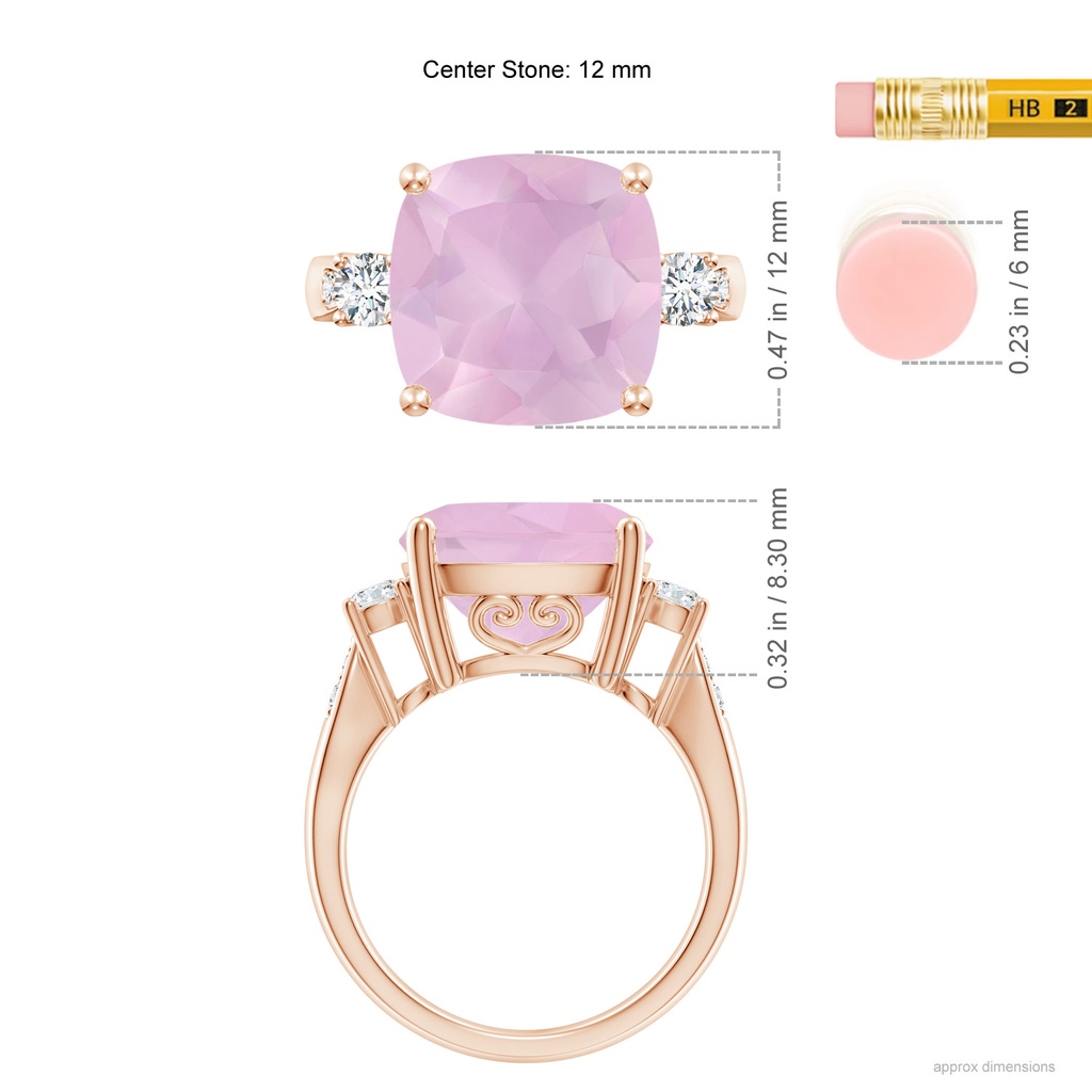 12mm AAAA Cushion Rose Quartz Solitaire Ring with Diamond Accents in Rose Gold Ruler