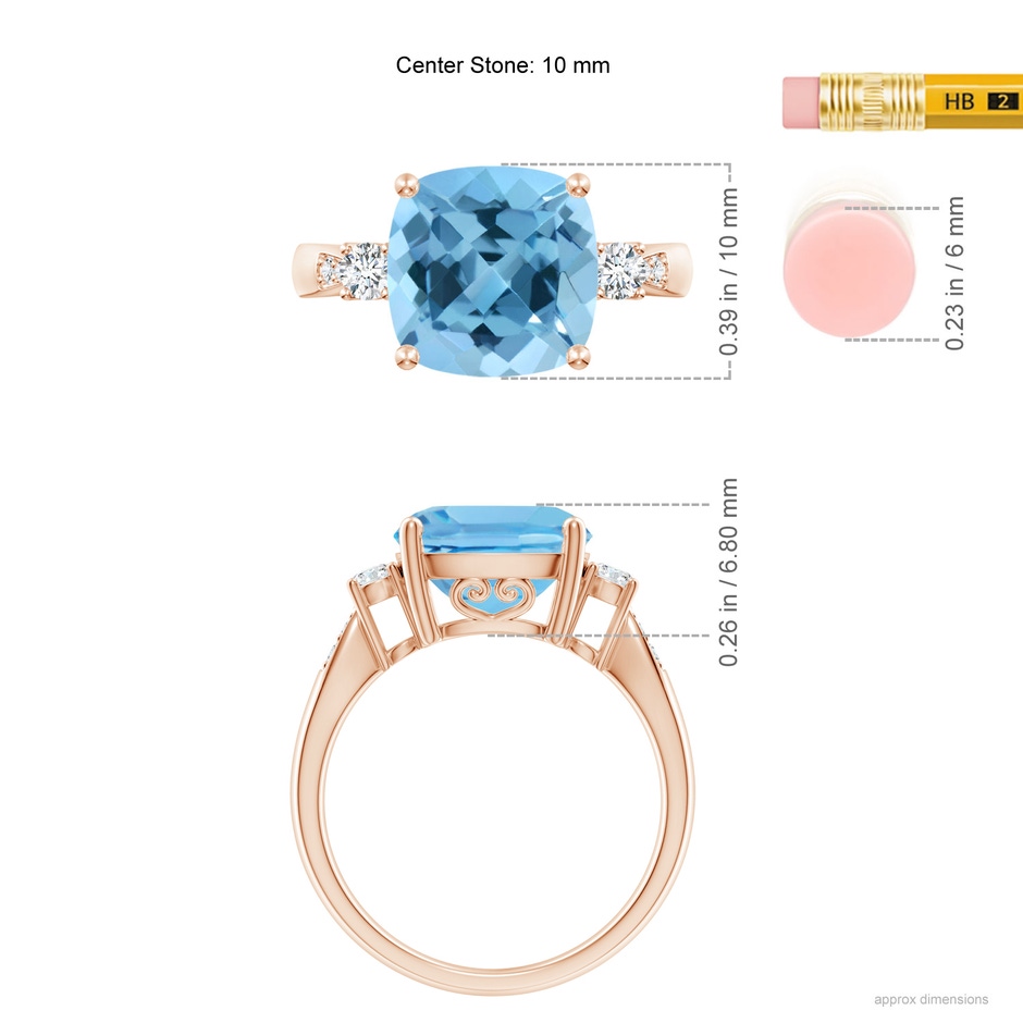 10mm A Cushion Swiss Blue Topaz Solitaire Ring with Diamond Accents in Rose Gold ruler