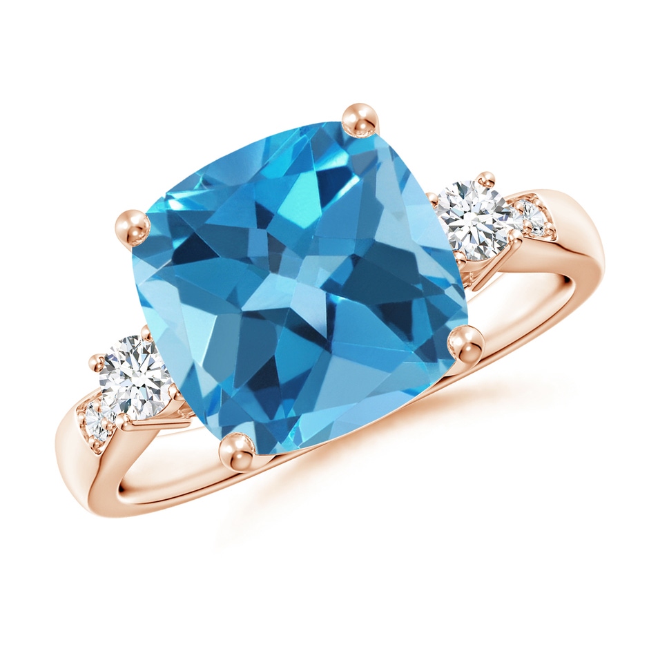 10mm AA Cushion Swiss Blue Topaz Solitaire Ring with Diamond Accents in Rose Gold 