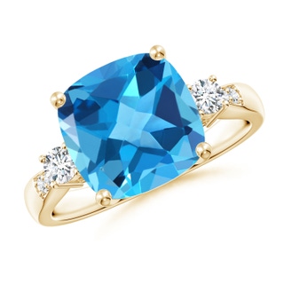 10mm AAA Cushion Swiss Blue Topaz Solitaire Ring with Diamond Accents in Yellow Gold