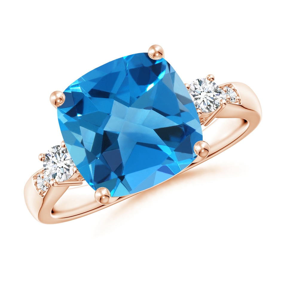 10mm AAAA Cushion Swiss Blue Topaz Solitaire Ring with Diamond Accents in Rose Gold 
