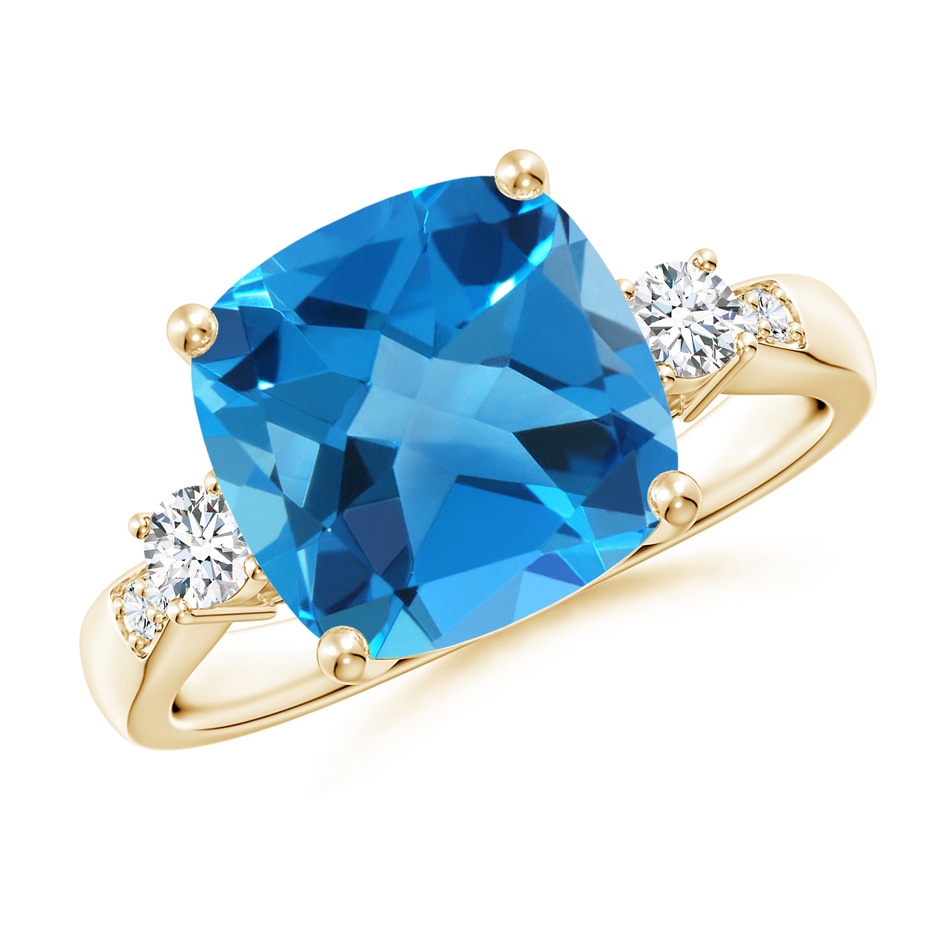 10mm AAAA Cushion Swiss Blue Topaz Solitaire Ring with Diamond Accents in Yellow Gold 