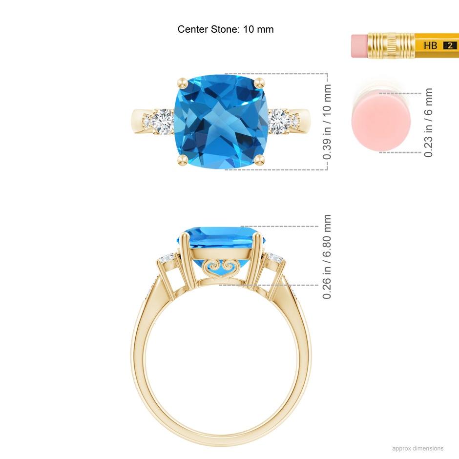 10mm AAAA Cushion Swiss Blue Topaz Solitaire Ring with Diamond Accents in Yellow Gold ruler