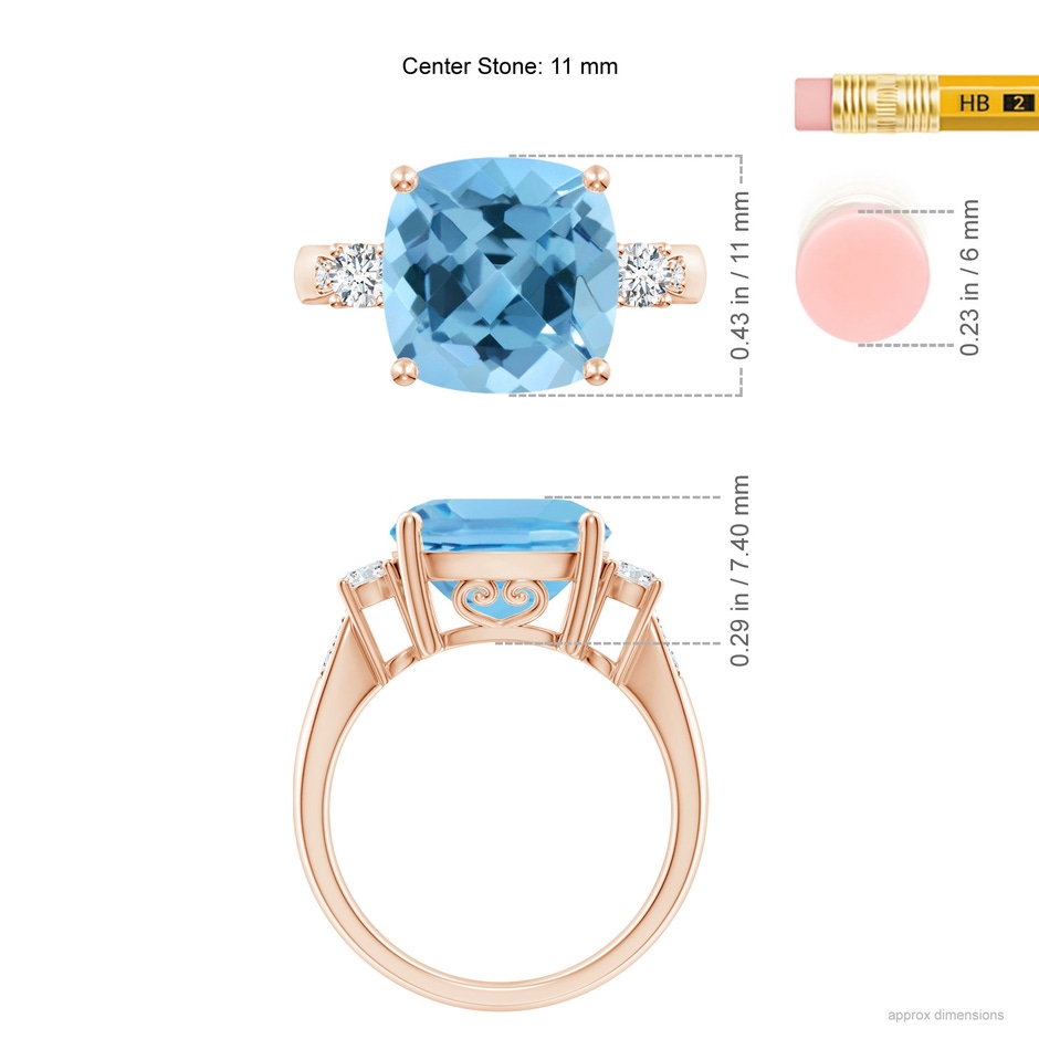 11mm A Cushion Swiss Blue Topaz Solitaire Ring with Diamond Accents in Rose Gold ruler