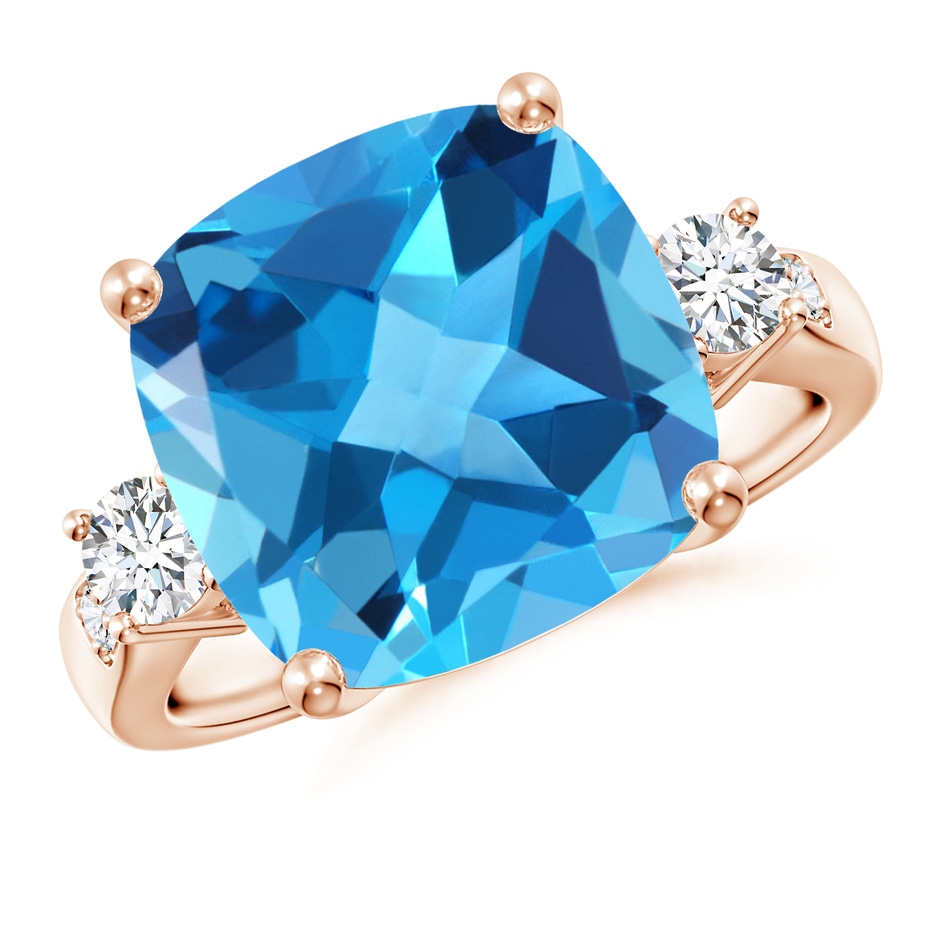 12mm AAA Cushion Swiss Blue Topaz Solitaire Ring with Diamond Accents in Rose Gold 