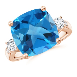 12mm AAAA Cushion Swiss Blue Topaz Solitaire Ring with Diamond Accents in Rose Gold