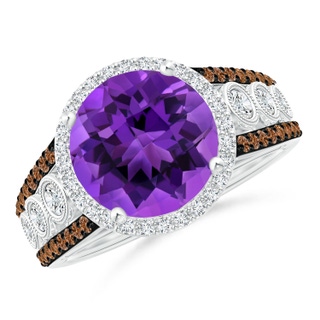 10mm AAAA Round Amethyst Halo Regal Ring with Diamond Accents in 9K White Gold