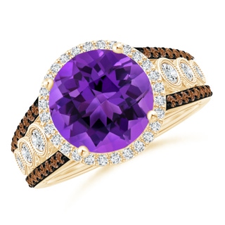 10mm AAAA Round Amethyst Halo Regal Ring with Diamond Accents in Yellow Gold