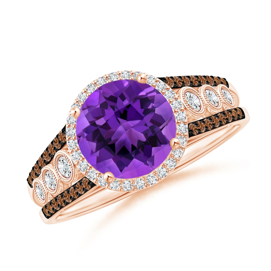 8mm AAAA Round Amethyst Halo Regal Ring with Diamond Accents in Rose Gold 