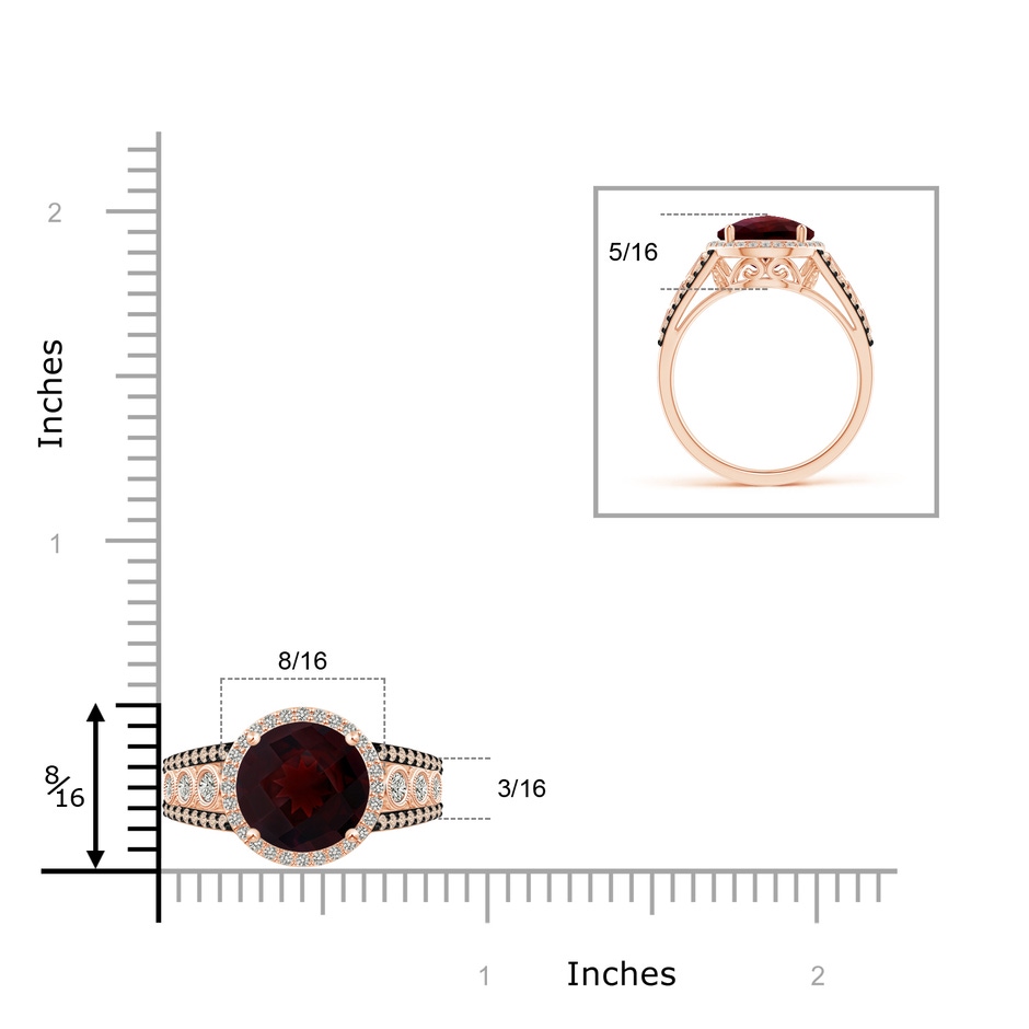 10mm A Round Garnet Halo Regal Ring with Diamond Accents in Rose Gold ruler