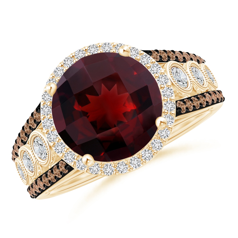 10mm AAA Round Garnet Halo Regal Ring with Diamond Accents in Yellow Gold 