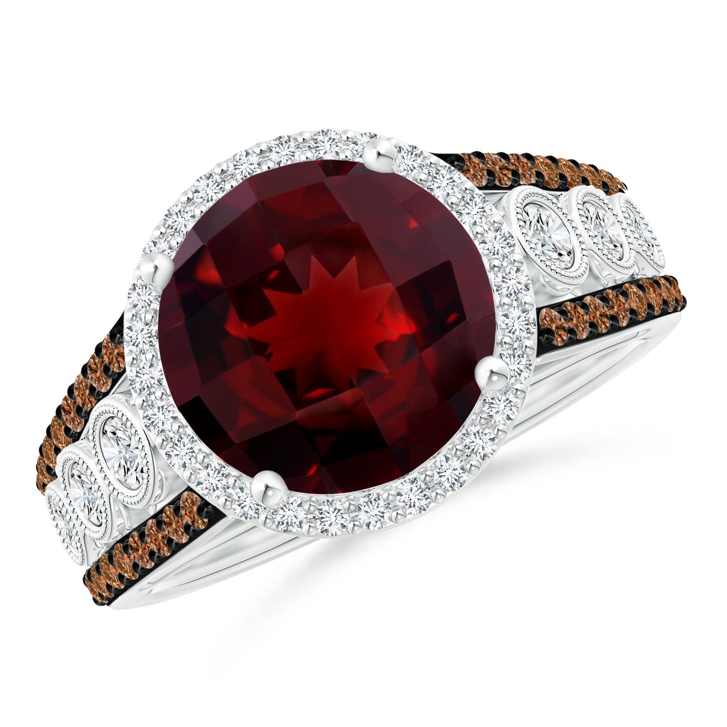 10mm AAAA Round Garnet Halo Regal Ring with Diamond Accents in White Gold