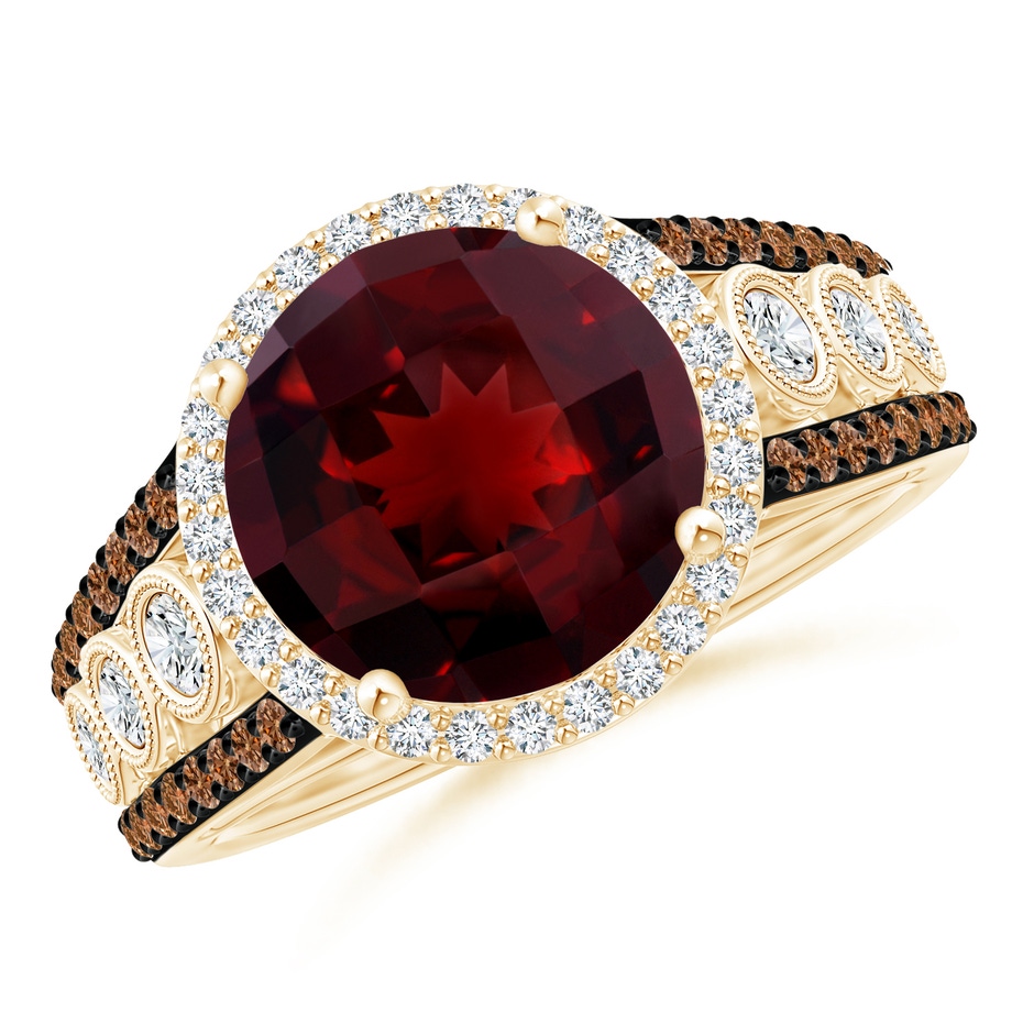 10mm AAAA Round Garnet Halo Regal Ring with Diamond Accents in Yellow Gold 