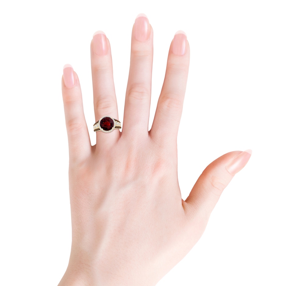 10mm AAAA Round Garnet Halo Regal Ring with Diamond Accents in Yellow Gold body-hand