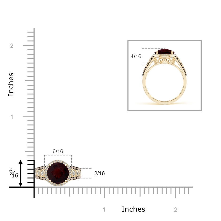 8mm A Round Garnet Halo Regal Ring with Diamond Accents in Yellow Gold ruler