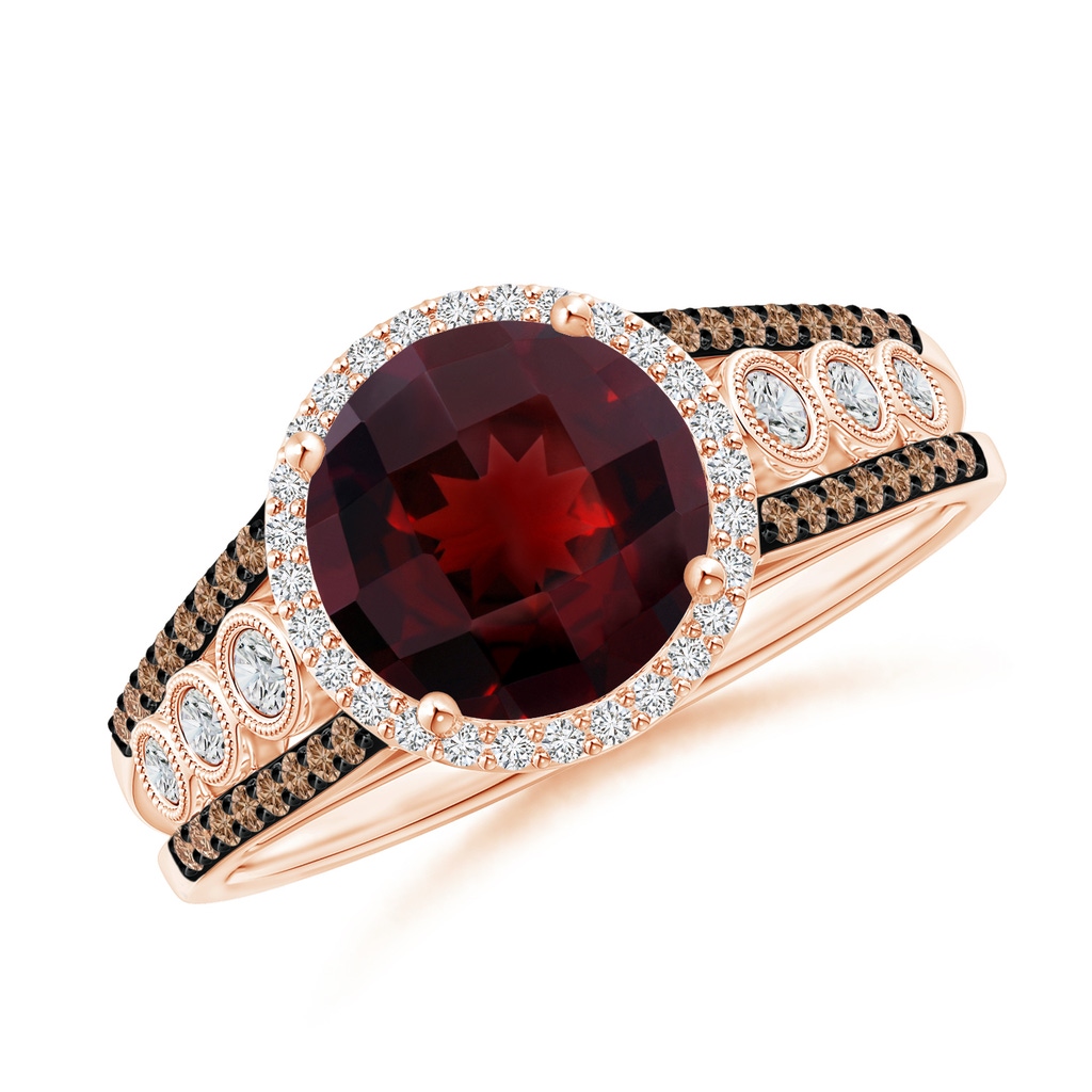 8mm AAA Round Garnet Halo Regal Ring with Diamond Accents in Rose Gold