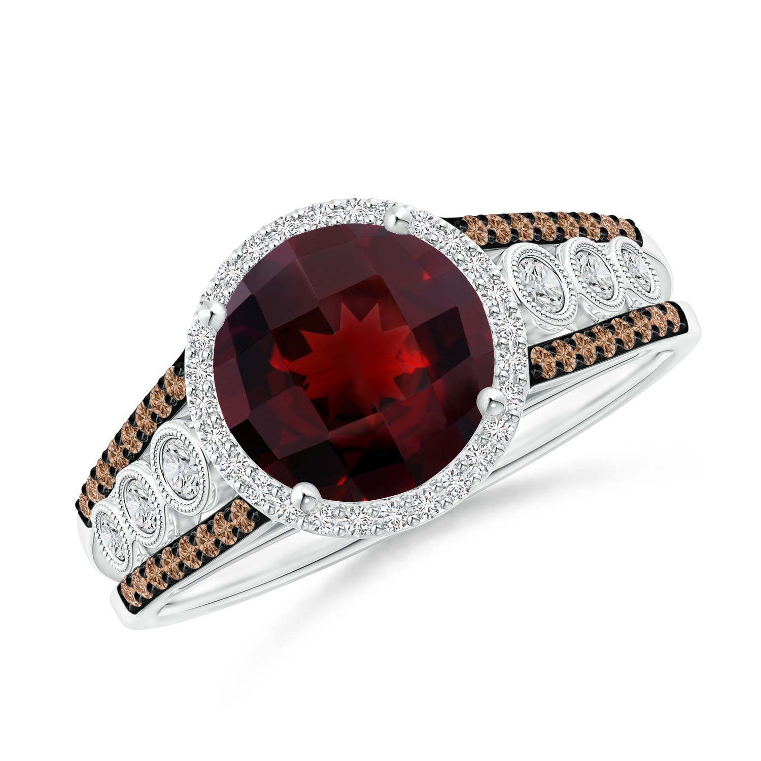 8mm AAA Round Garnet Halo Regal Ring with Diamond Accents in White Gold