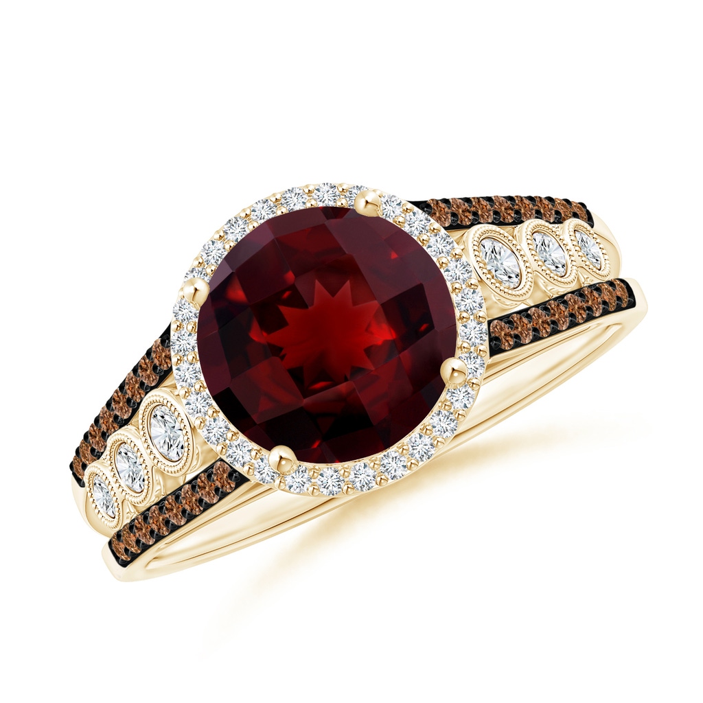 8mm AAAA Round Garnet Halo Regal Ring with Diamond Accents in Yellow Gold
