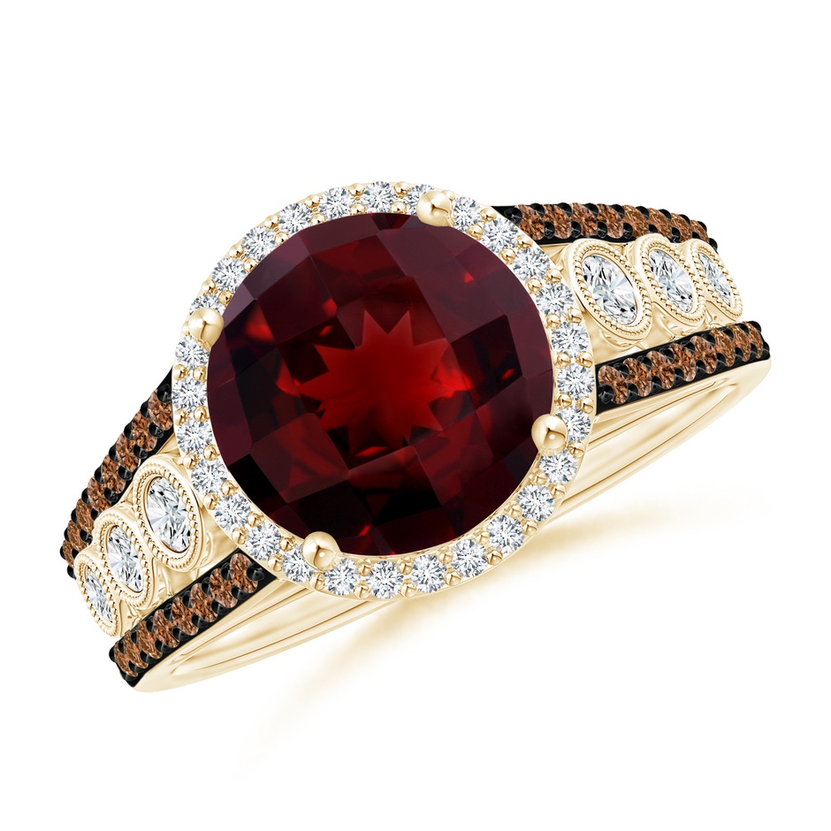 9mm AAAA Round Garnet Halo Regal Ring with Diamond Accents in Yellow Gold 