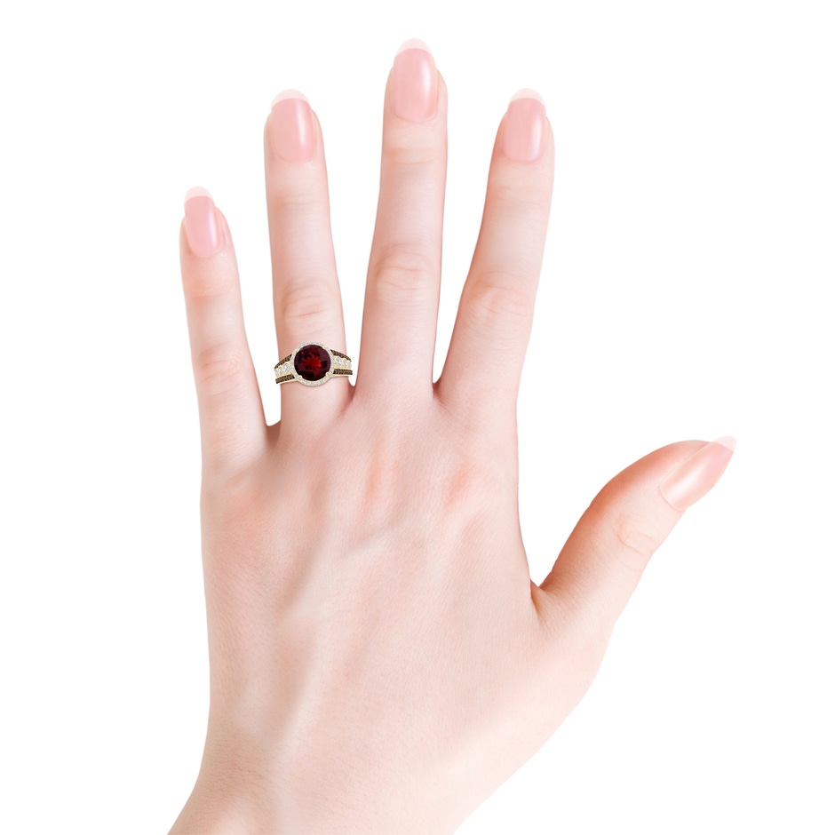 9mm AAAA Round Garnet Halo Regal Ring with Diamond Accents in Yellow Gold body-hand