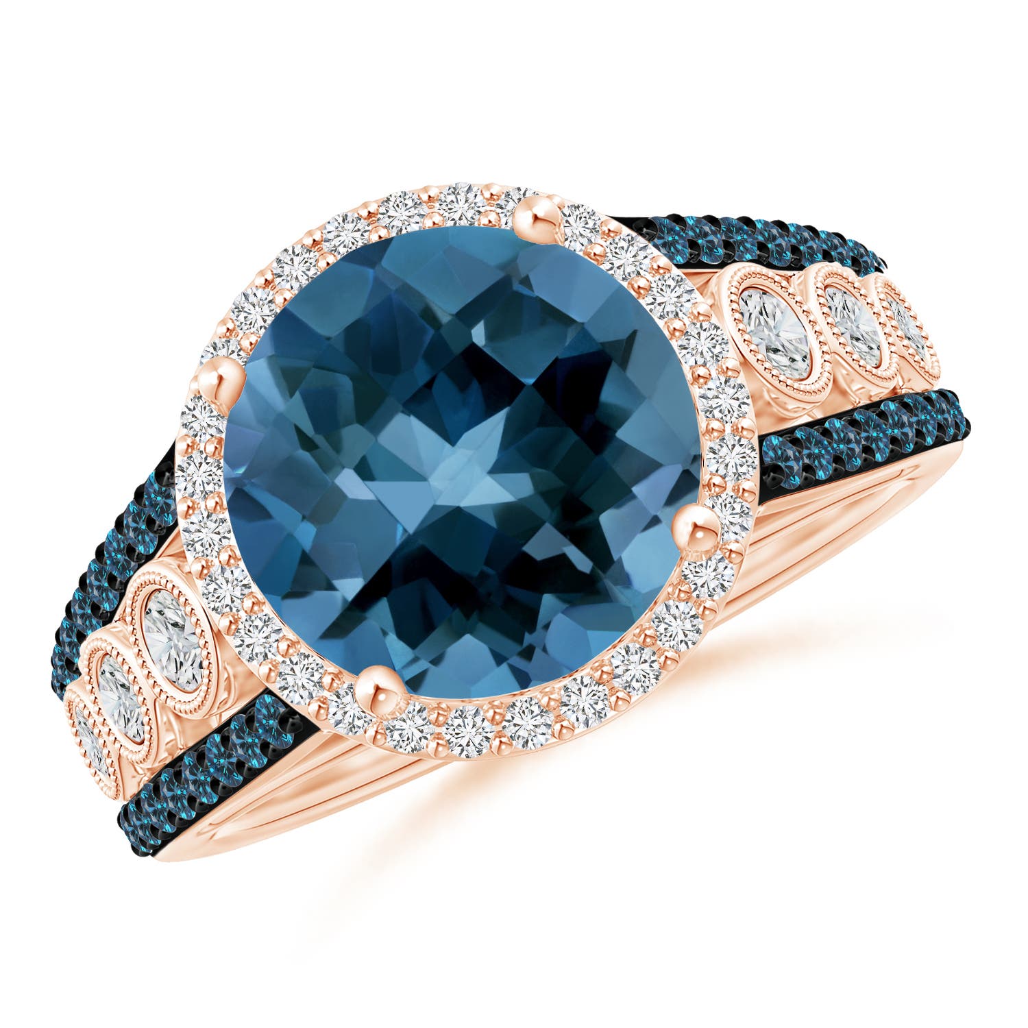 10mm AAA Round London Blue Topaz Halo Regal Ring with Diamond Accents in Rose Gold