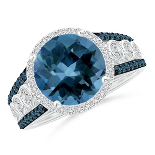 10mm AAA Round London Blue Topaz Halo Regal Ring with Diamond Accents in White Gold