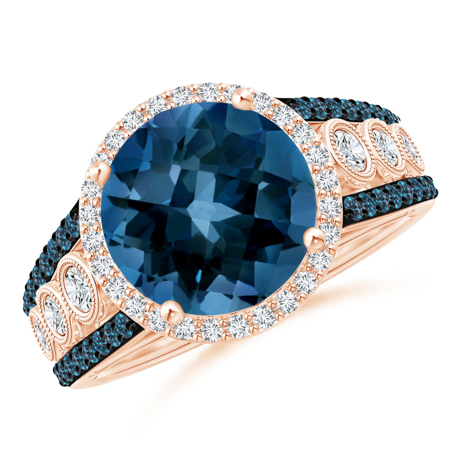 10mm AAAA Round London Blue Topaz Halo Regal Ring with Diamond Accents in Rose Gold