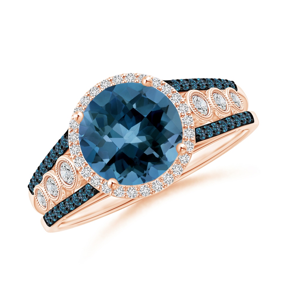 8mm AAA Round London Blue Topaz Halo Regal Ring with Diamond Accents in Rose Gold 