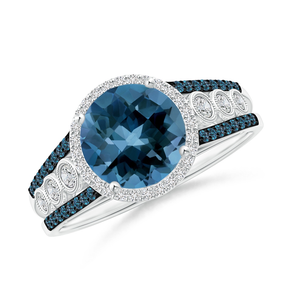 8mm AAA Round London Blue Topaz Halo Regal Ring with Diamond Accents in White Gold 