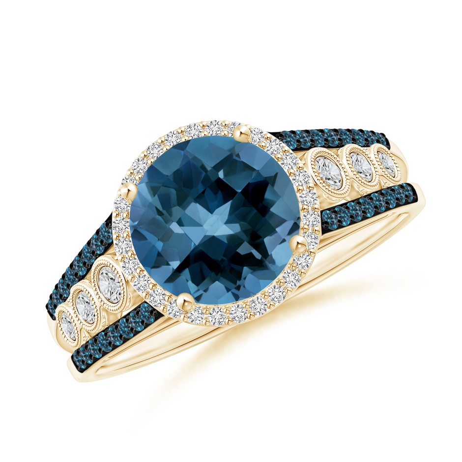 8mm AAA Round London Blue Topaz Halo Regal Ring with Diamond Accents in Yellow Gold 