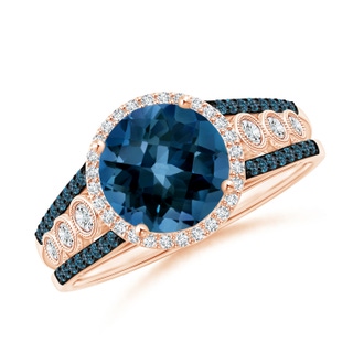 8mm AAAA Round London Blue Topaz Halo Regal Ring with Diamond Accents in Rose Gold