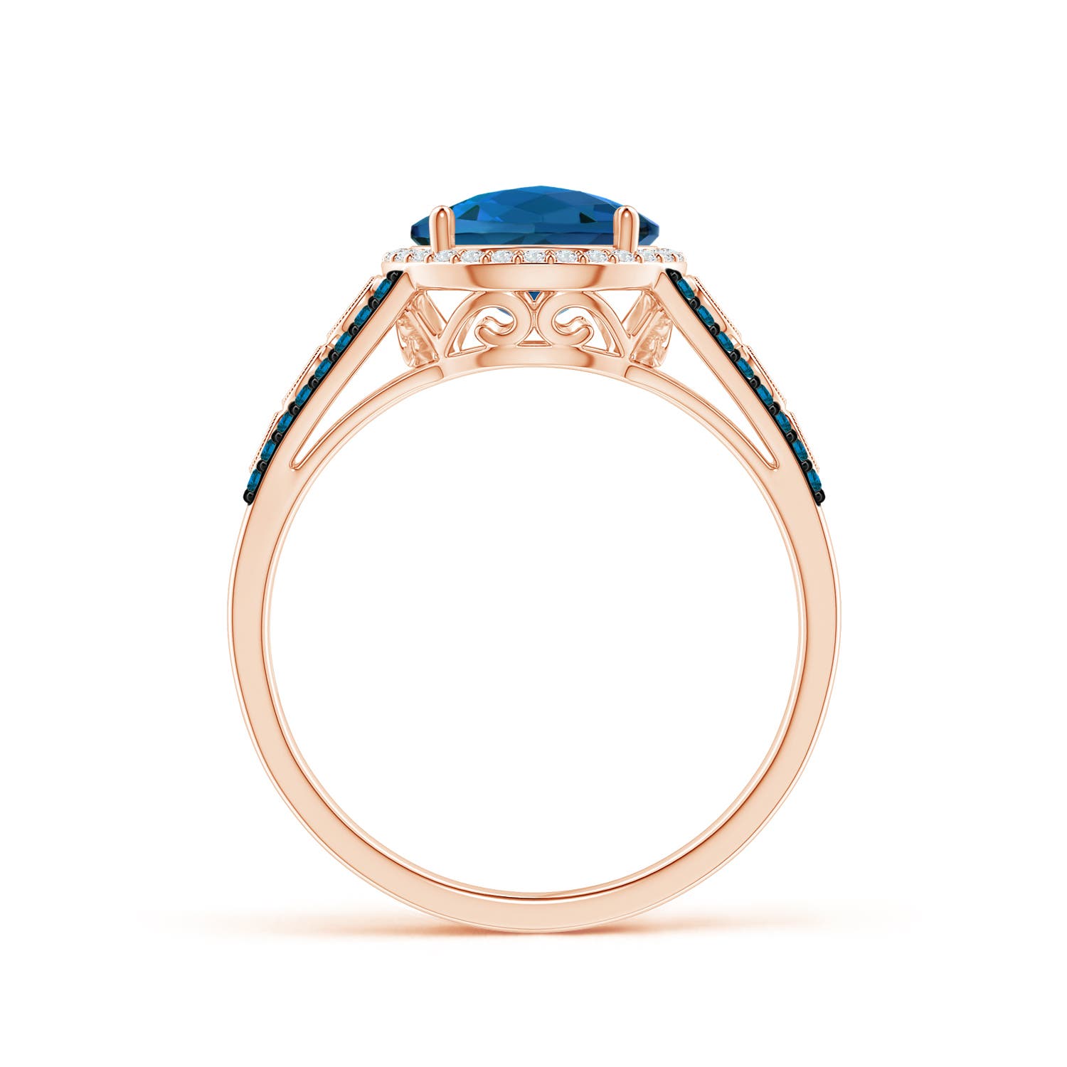 8mm AAAA Round London Blue Topaz Halo Regal Ring with Diamond Accents in Rose Gold