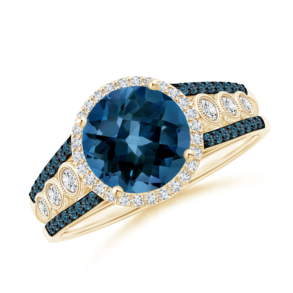 8mm AAAA Round London Blue Topaz Halo Regal Ring with Diamond Accents in Yellow Gold 